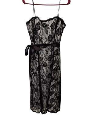 Papell Boutique Evening Black Lace Spaghetti Strap Dress with Satin Sash